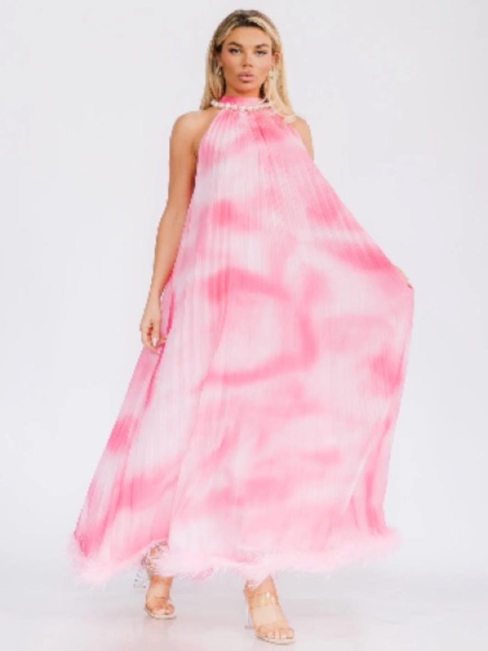 Pink Halter Maxi Dress with Feather Trim